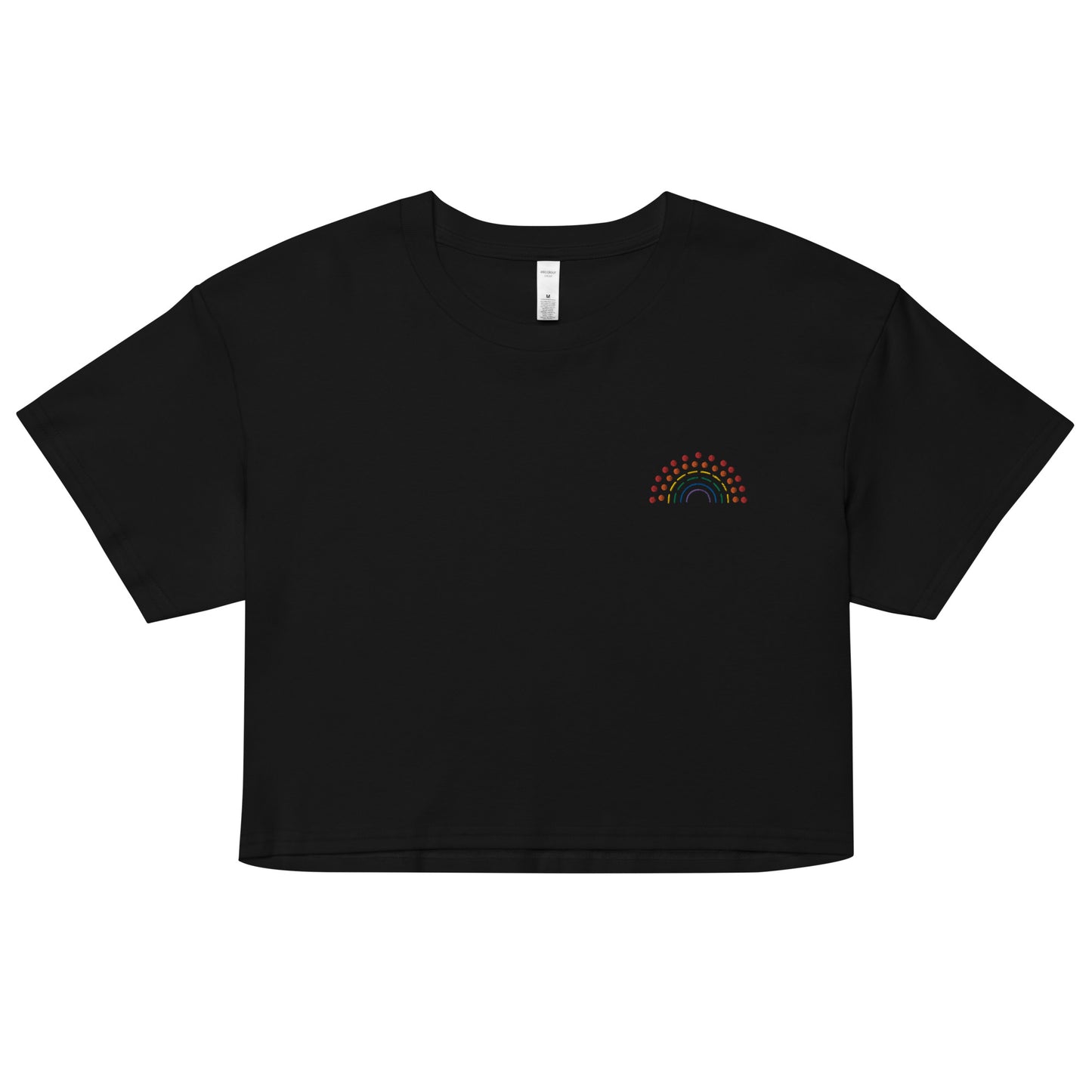 black crop top with multicolored pride rainbow embroidered on the left chest
