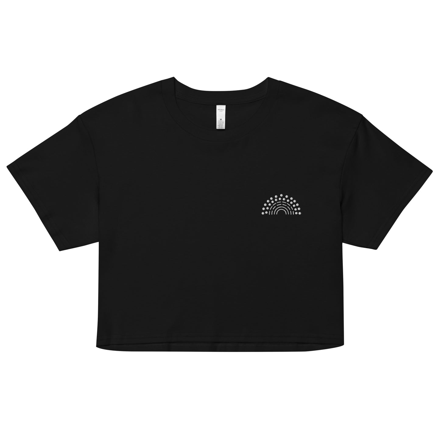 black crop top with white pride rainbow embroidered on the left chest
