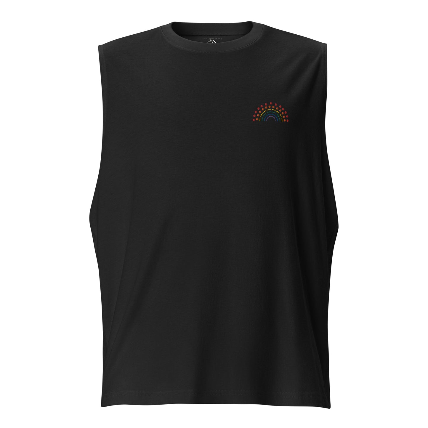 black muscle tank top with multicolored pride rainbow embroidered on the left chest
