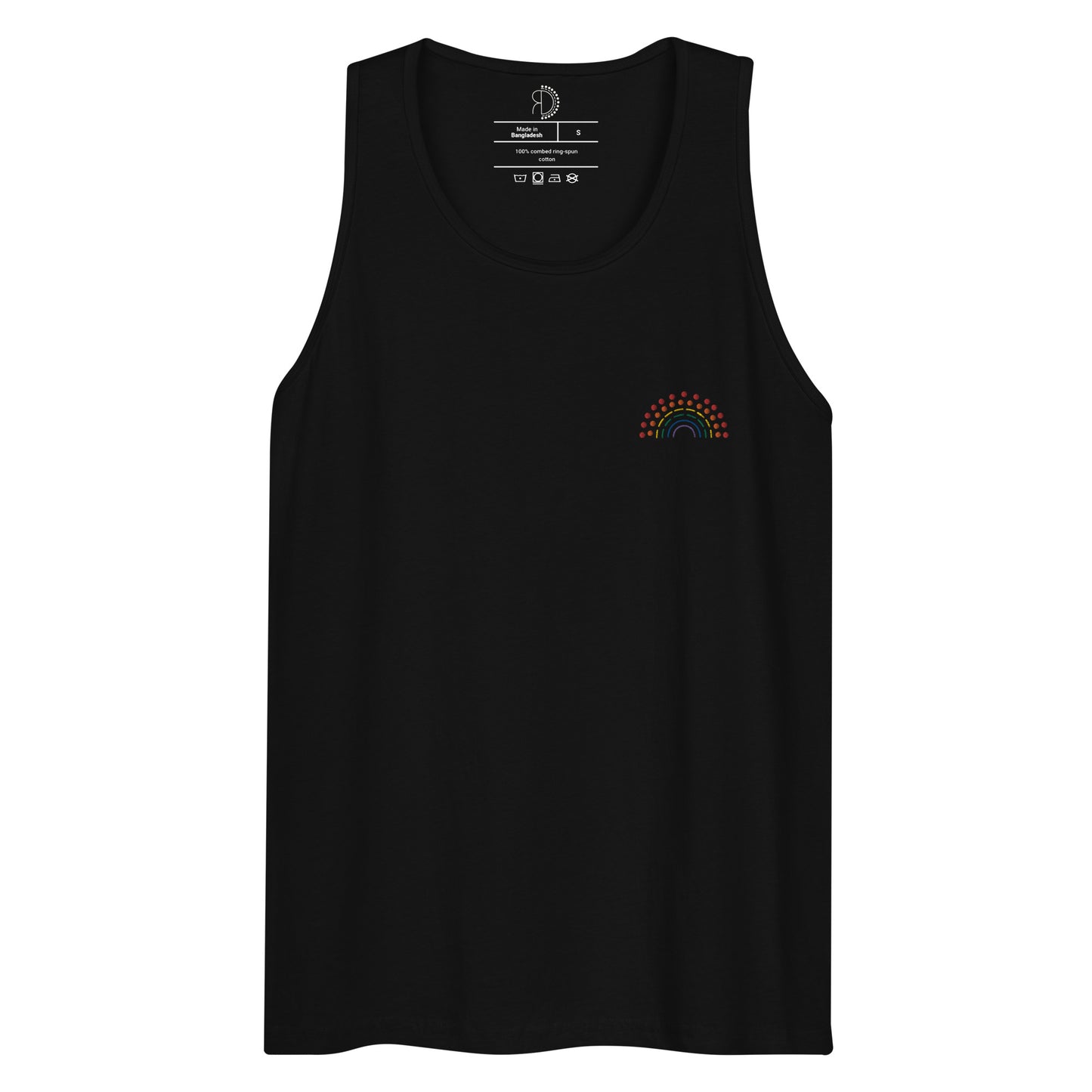 black athletic tank top with multicolored pride rainbow embroidered on the left chest