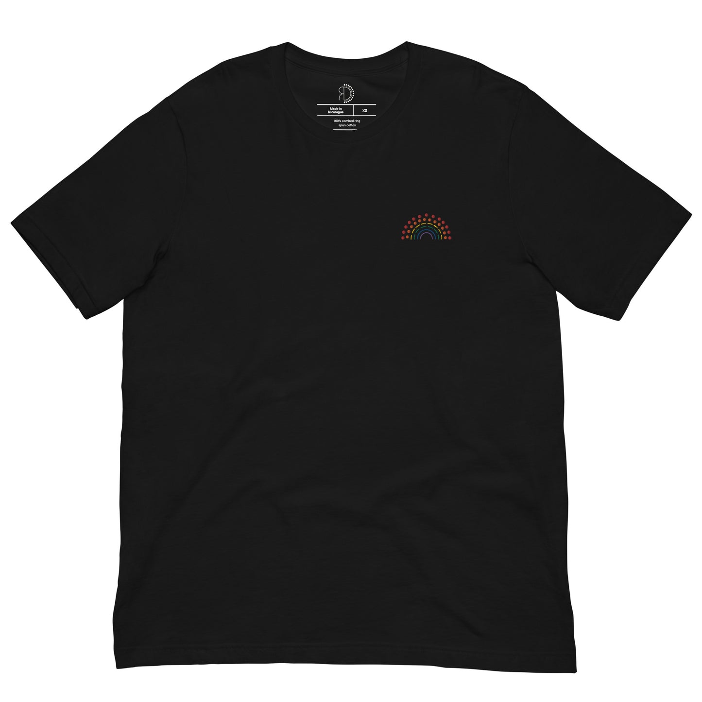 Black t-shirt with multicolored pride rainbow embroidered on the left chest