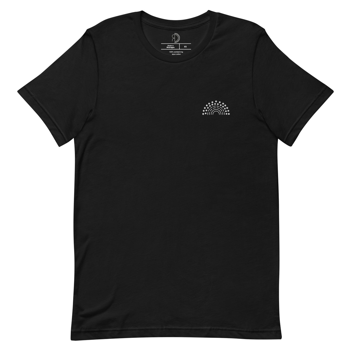 black t-shirt with white pride rainbow embroidered on the left chest