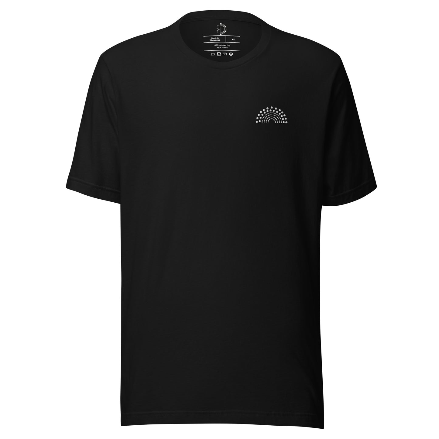 black t-shirt with white pride rainbow embroidered on the left chest