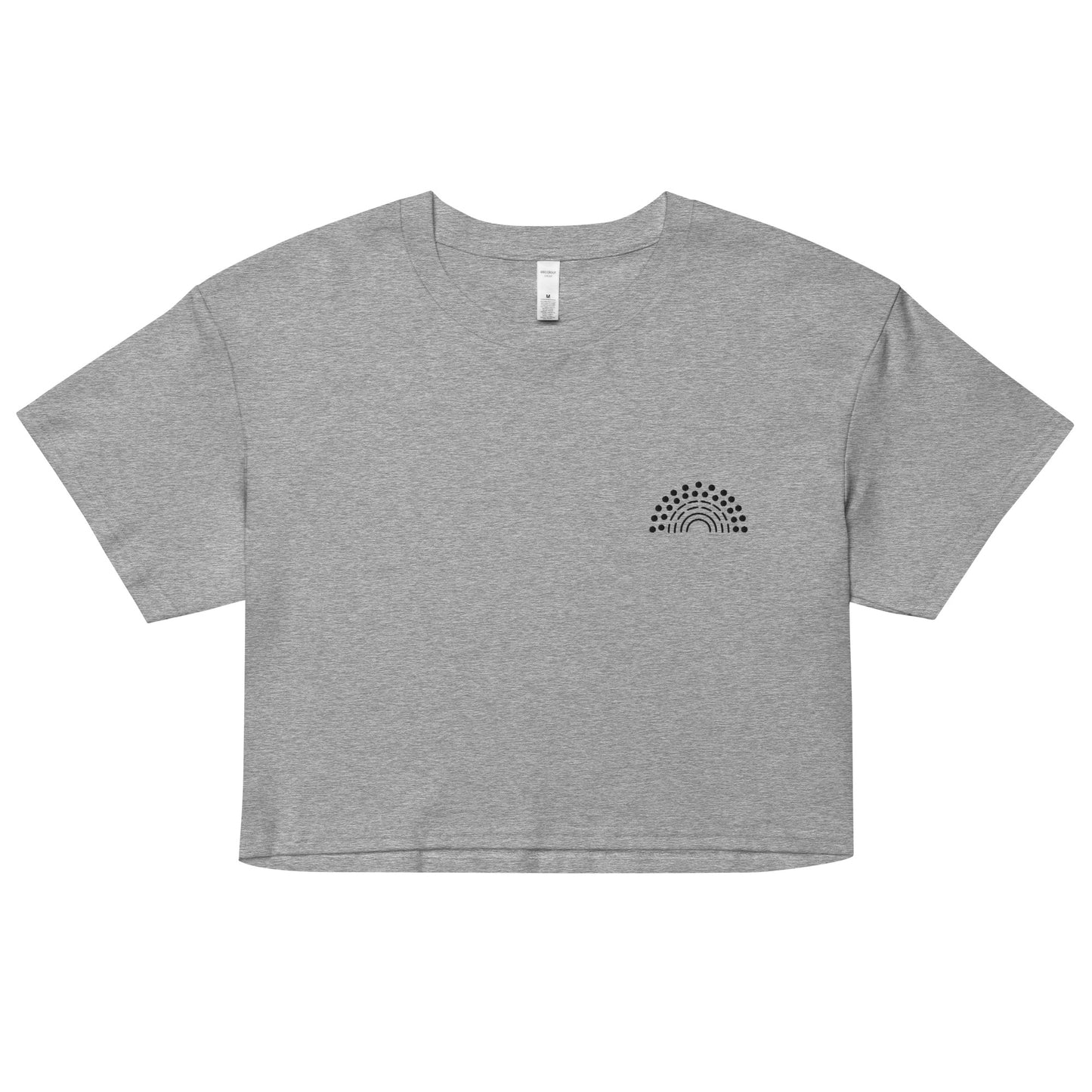 grey crop top with black pride rainbow embroidered on the left chest
