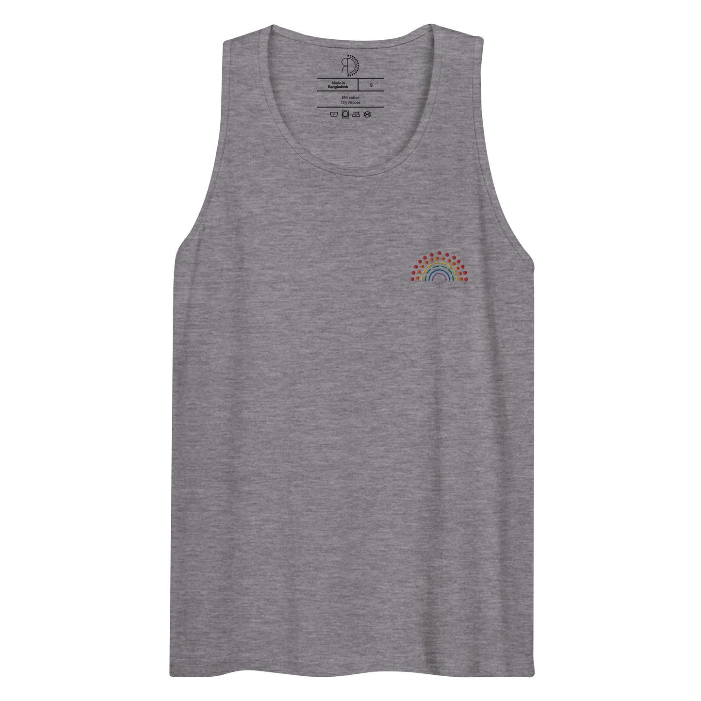 grey athletic tank top with multicolored pride rainbow embroidered on the left chest