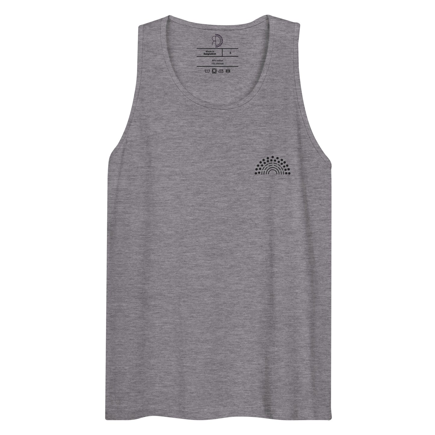 grey athletic tank top with black pride rainbow embroidered on the left chest