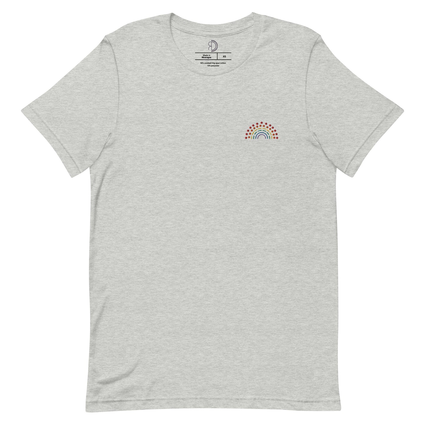 grey t-shirt with multicolored pride rainbow embroidered on the left chest