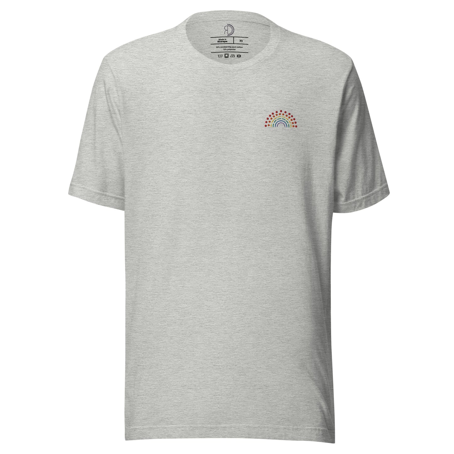 grey t-shirt with multicolored pride rainbow embroidered on the left chest