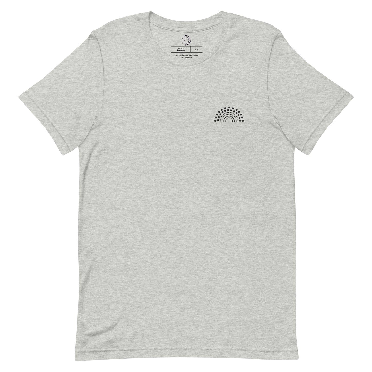 grey t-shirt with black pride rainbow embroidered on the left chest