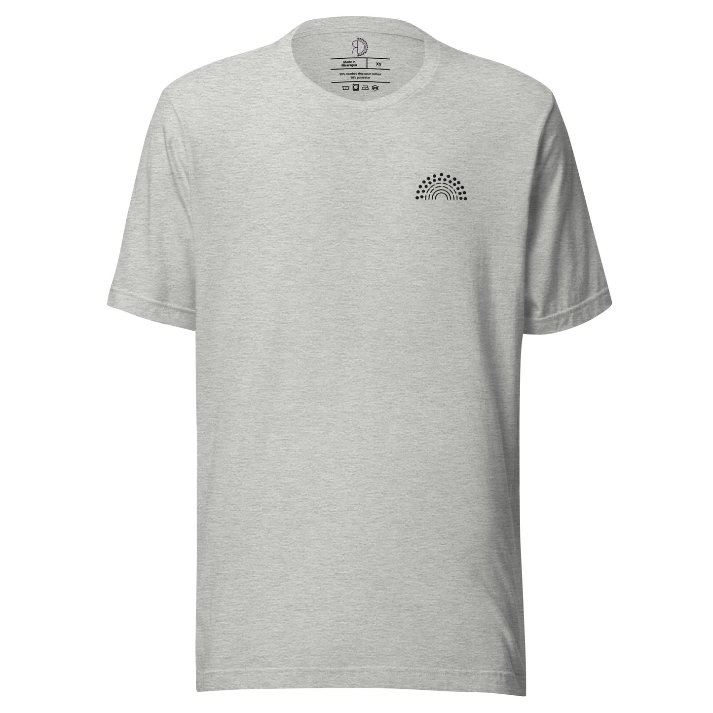 grey t-shirt with black pride rainbow embroidered on the left chest