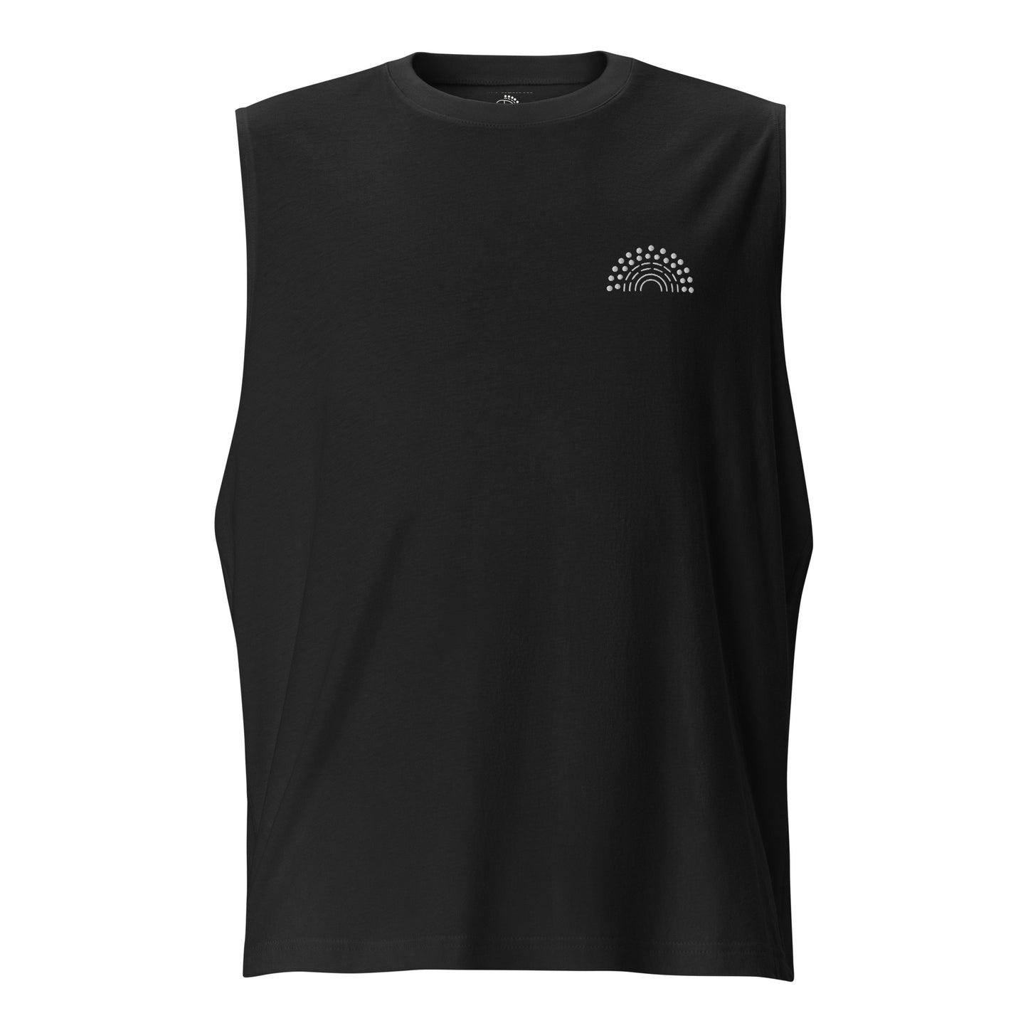 white muscle tank top with black pride rainbow embroidered on the left chest