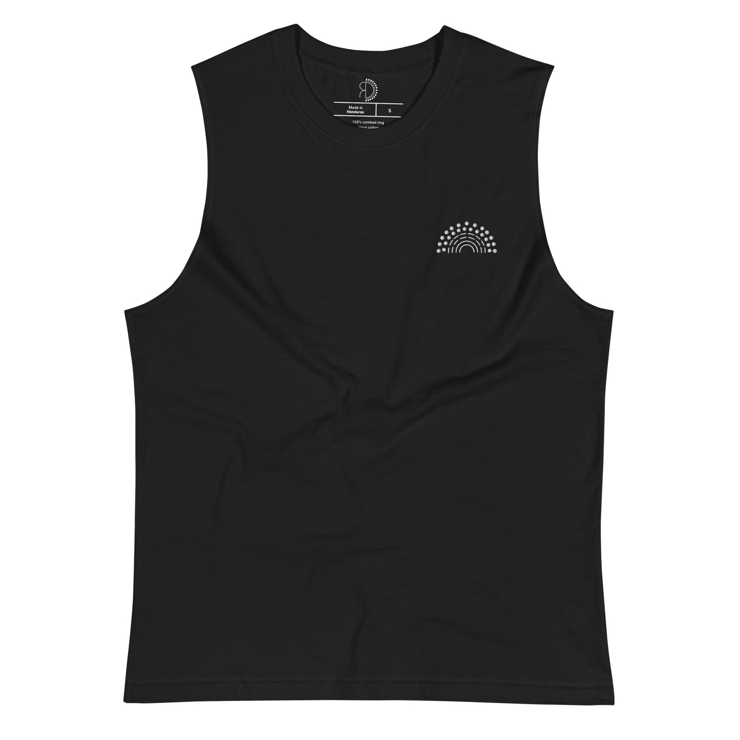 white muscle tank top with black pride rainbow embroidered on the left chest