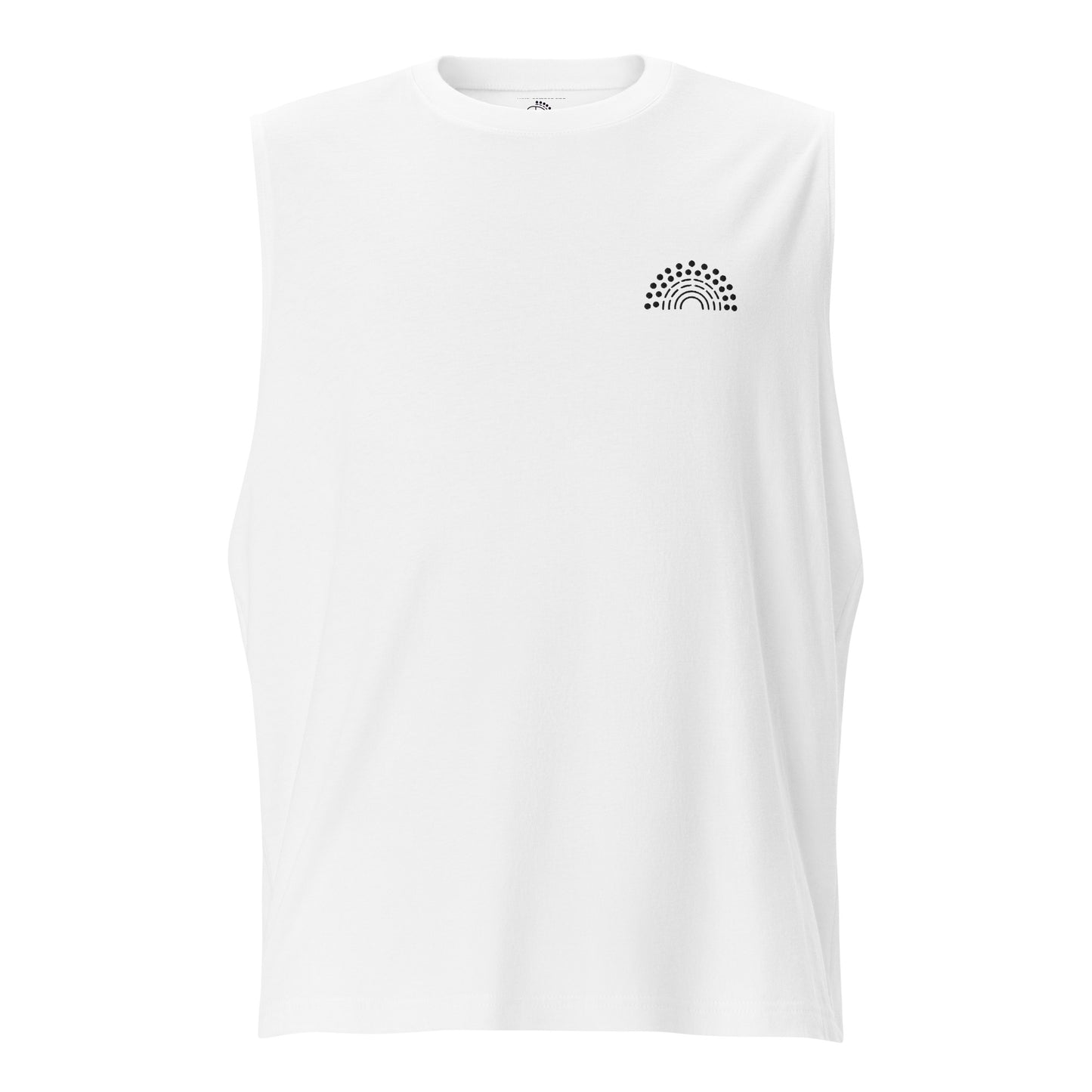 black muscle tank top with white pride rainbow embroidered on the left chest