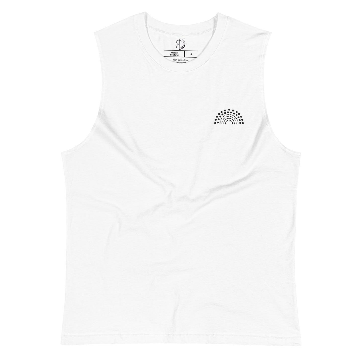 black muscle tank top with white pride rainbow embroidered on the left chest