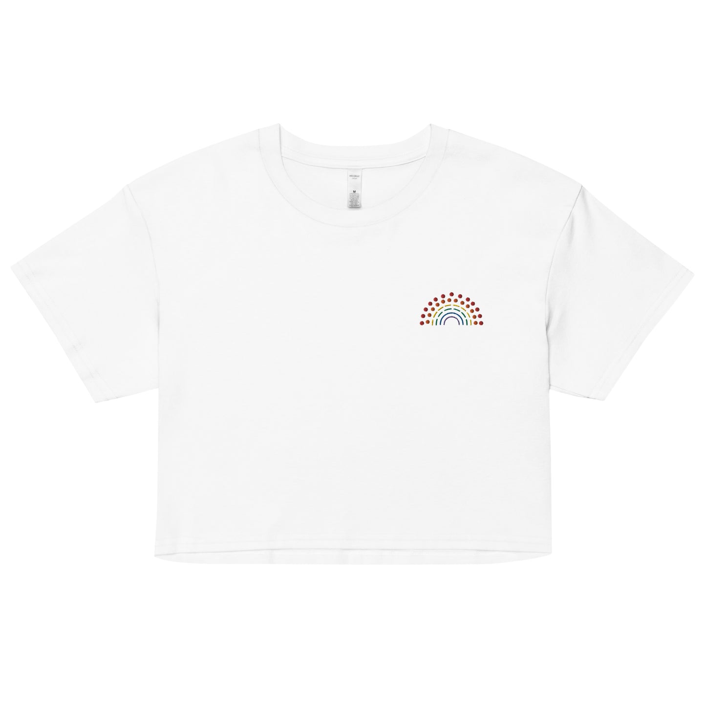 white crop top with multicolored pride rainbow embroidered on the left chest