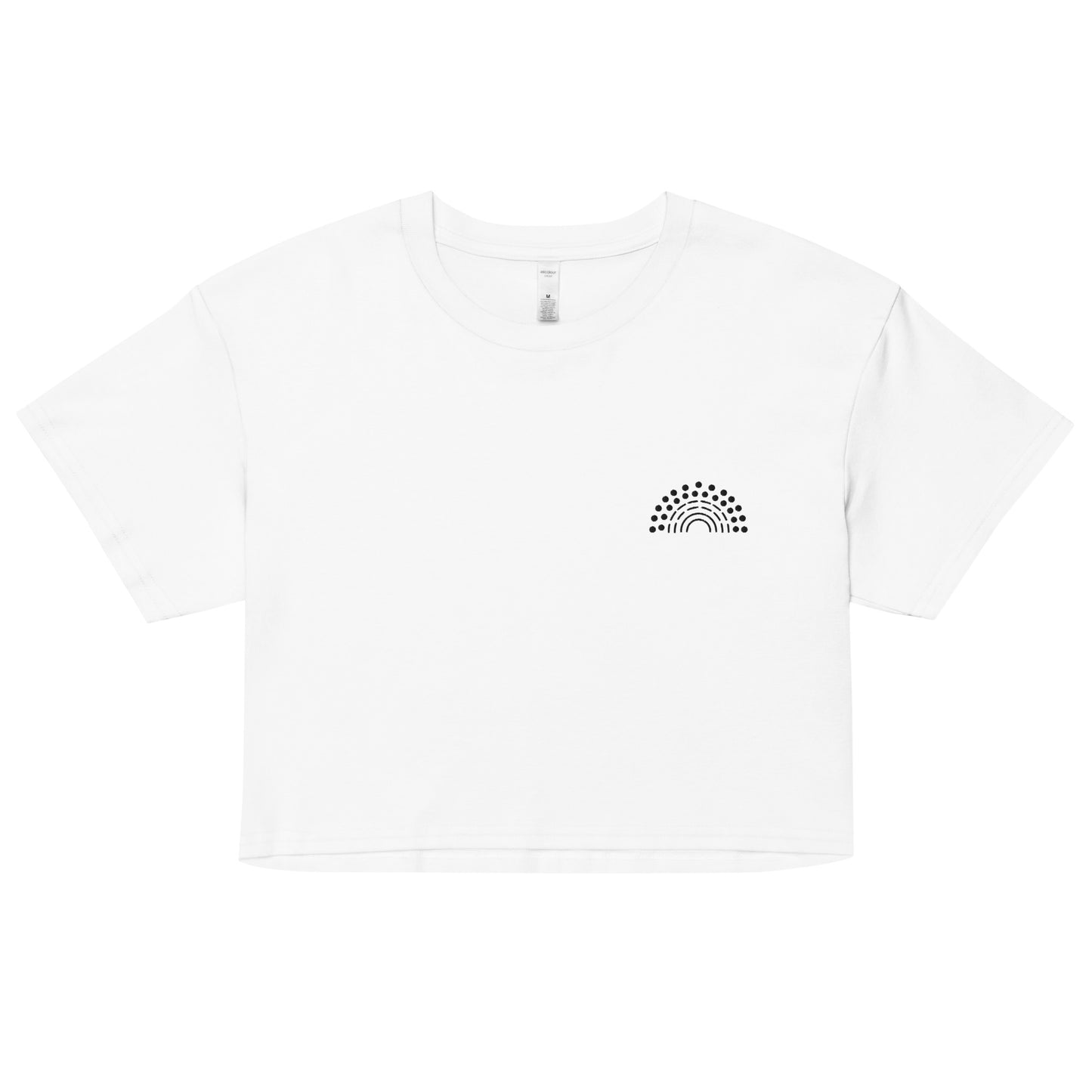 white crop top with black pride rainbow embroidered on the left chest