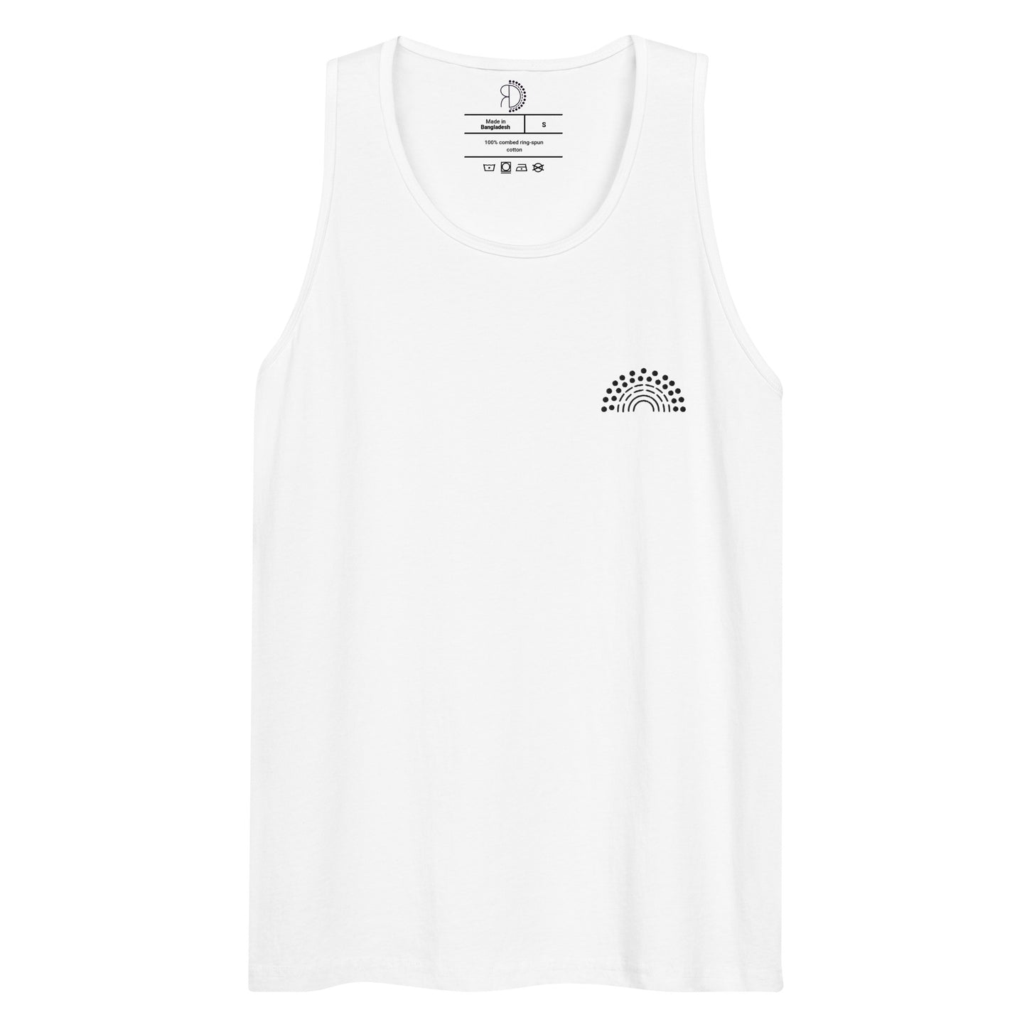 white athletic tank top with black pride rainbow embroidered on the left chest