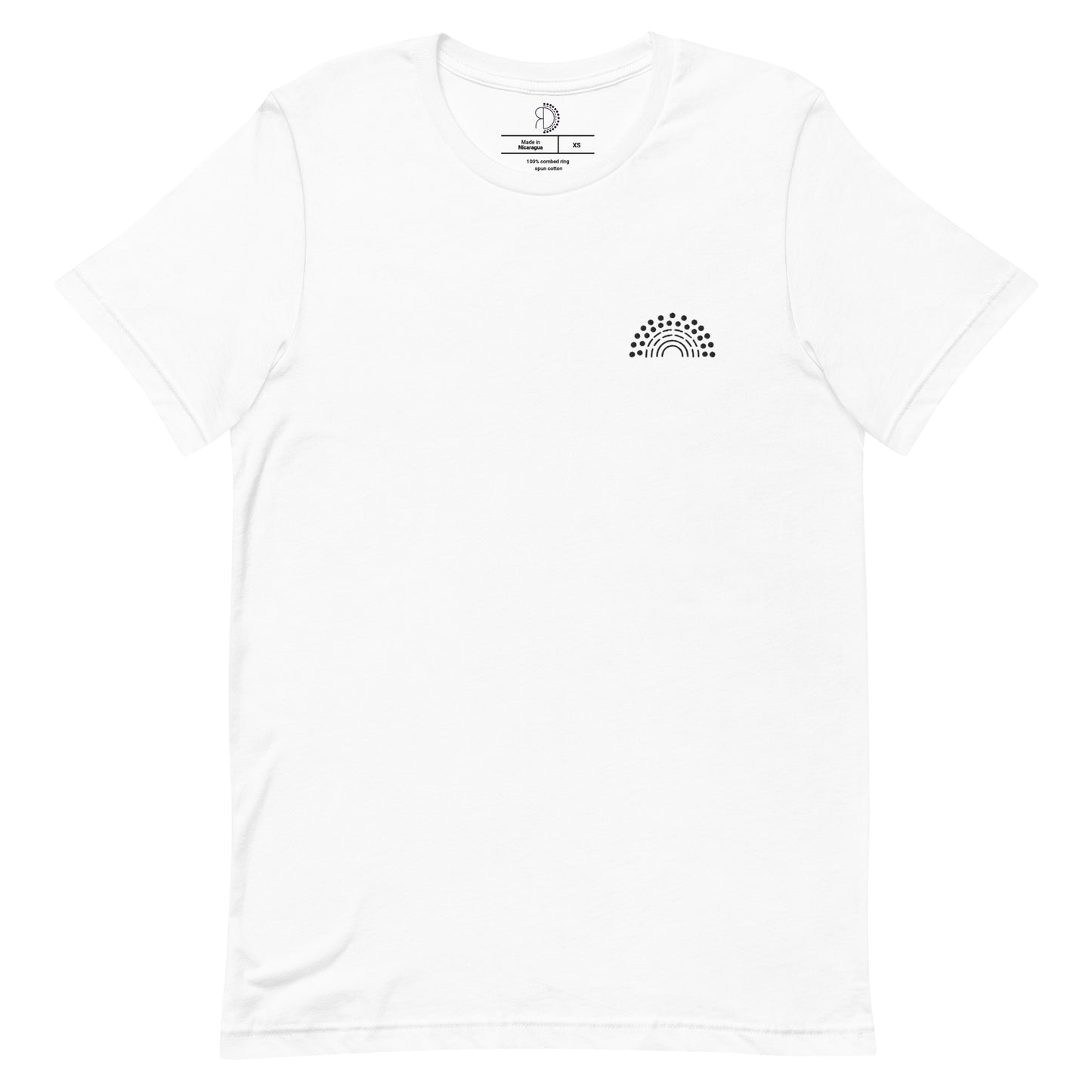 white t-shirt with black pride rainbow embroidered on the left chest