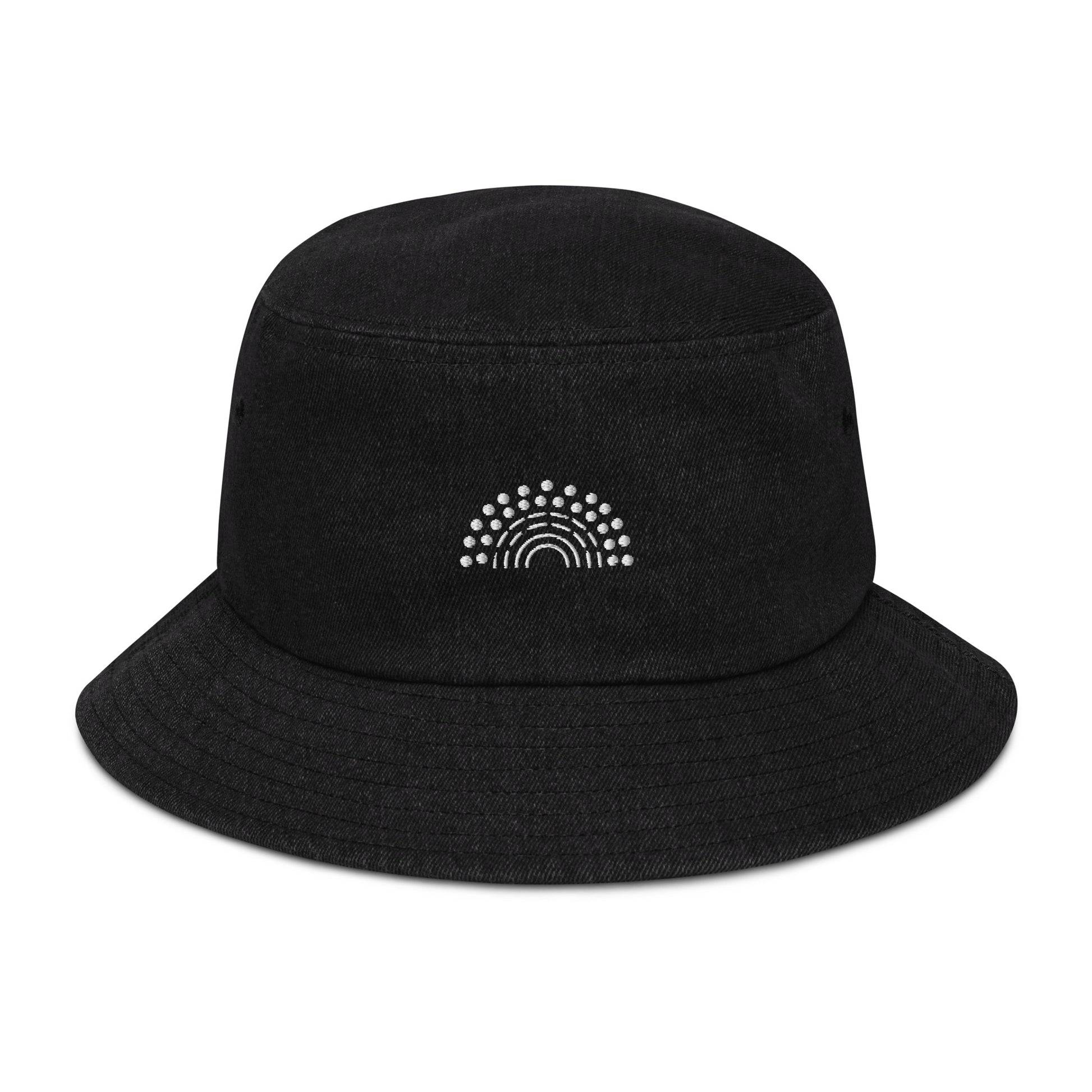 black denim bucket hat with white pride rainbow embroidered on center of the hat