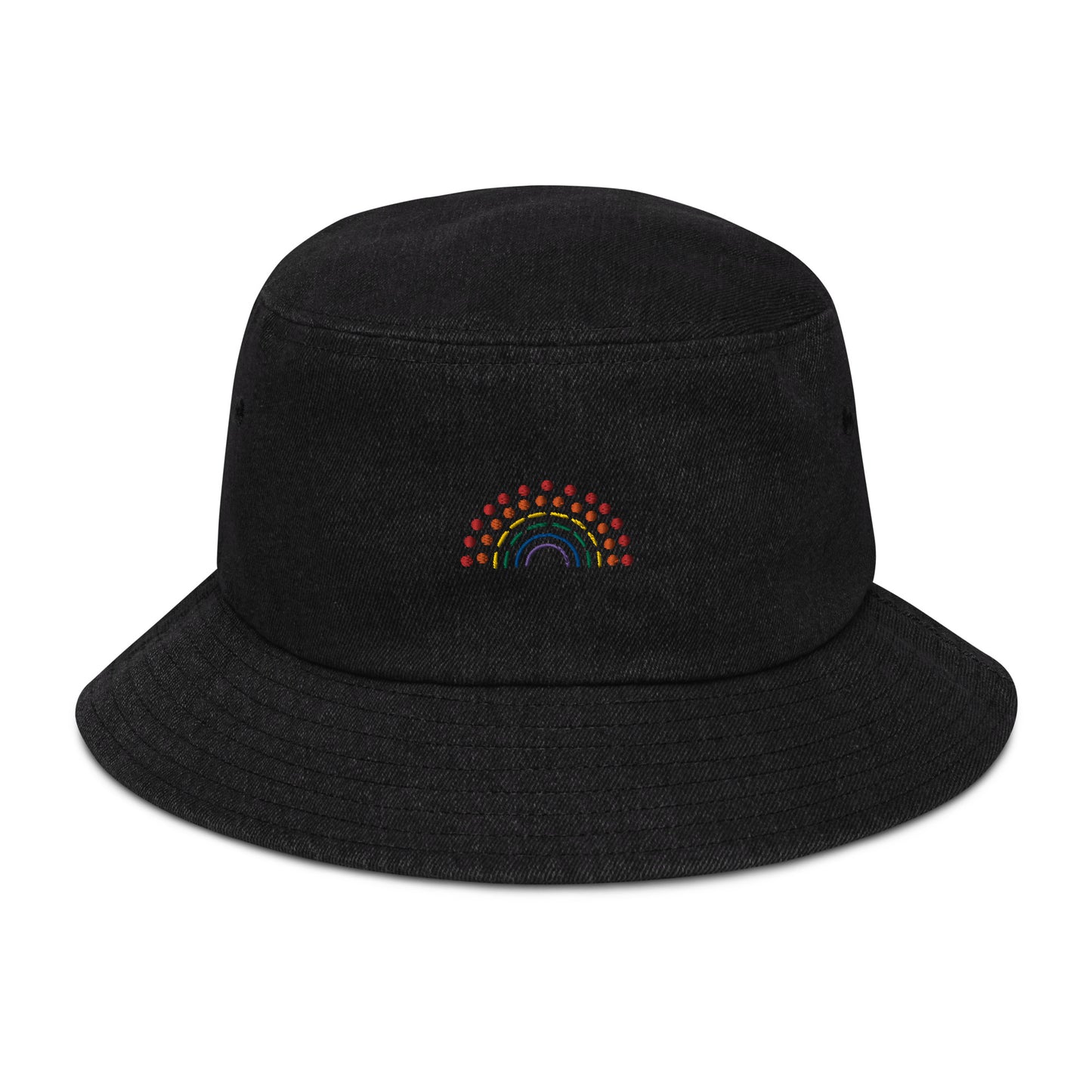 black denim bucket hat with multicolored pride rainbow embroidered on center of the hat