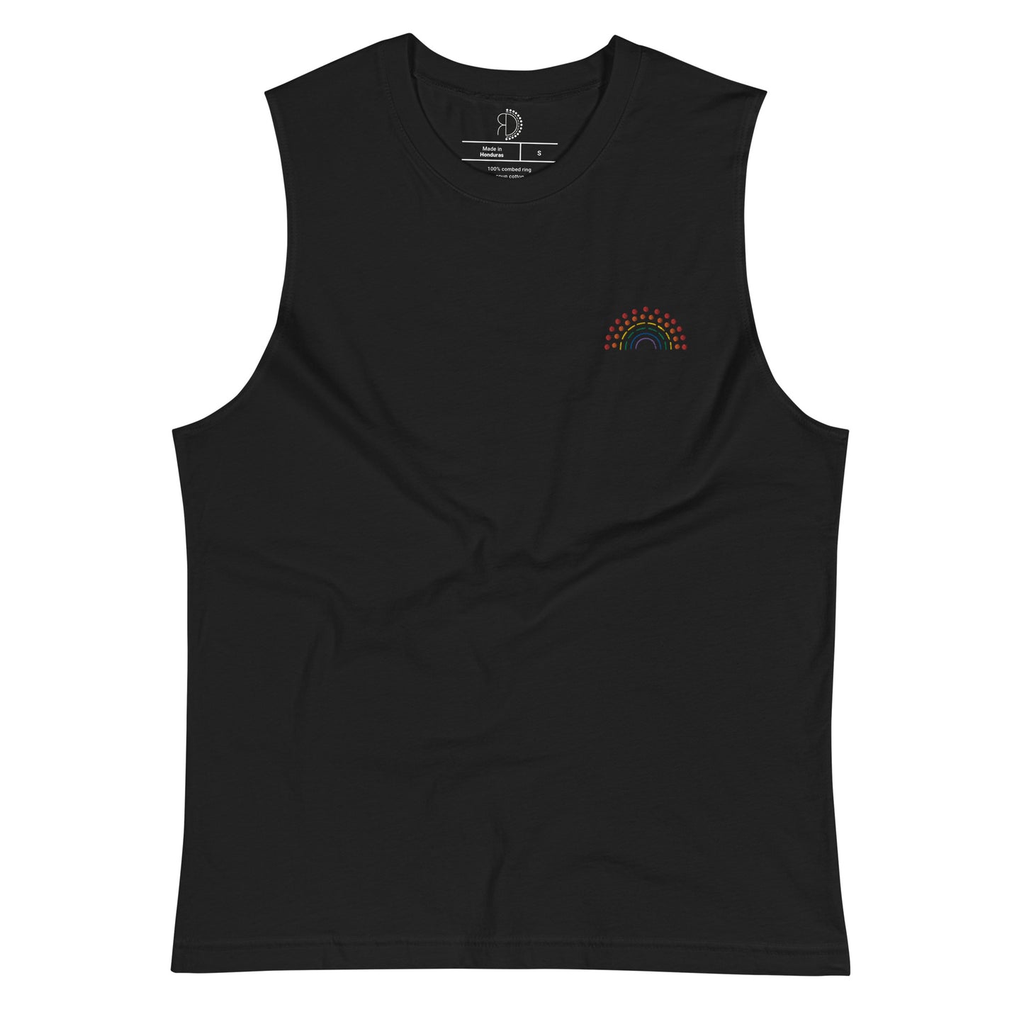 black muscle tank top with multicolored pride rainbow embroidered on the left chest 