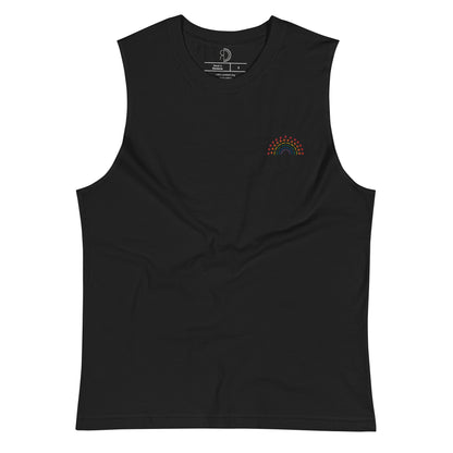 black muscle tank top with multicolored pride rainbow embroidered on the left chest 