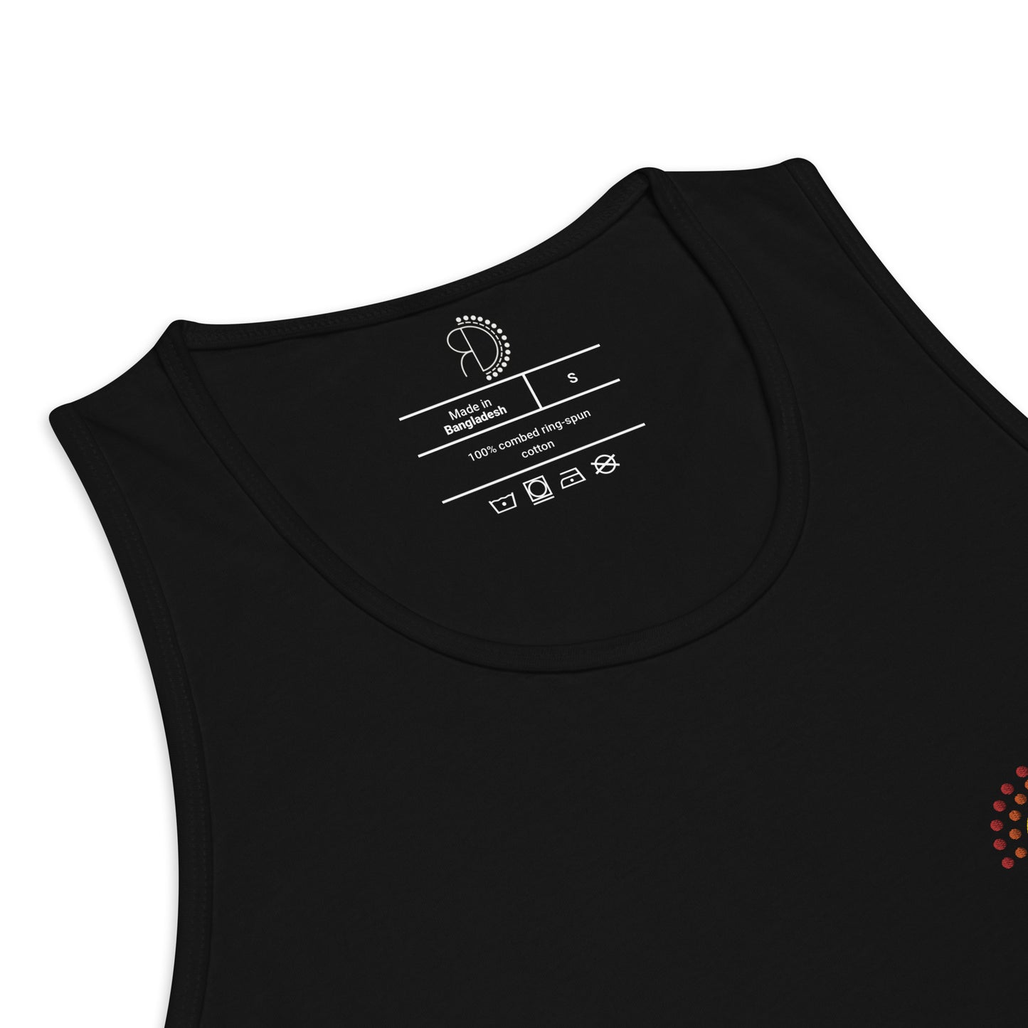 zoomed in image of black athletic tank top featuring inside label with logo and product details