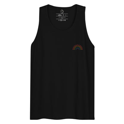 black athletic tank top with multicolored pride rainbow embroidered on the left chest 