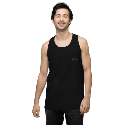 person wearing a black athletic tank top with multicolored pride rainbow embroidered on the left chest