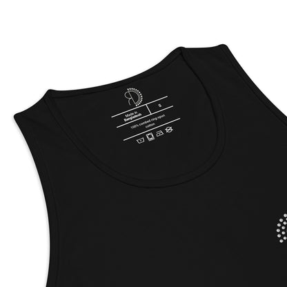 zoomed in image of black athletic tank top featuring inside label with logo and product details