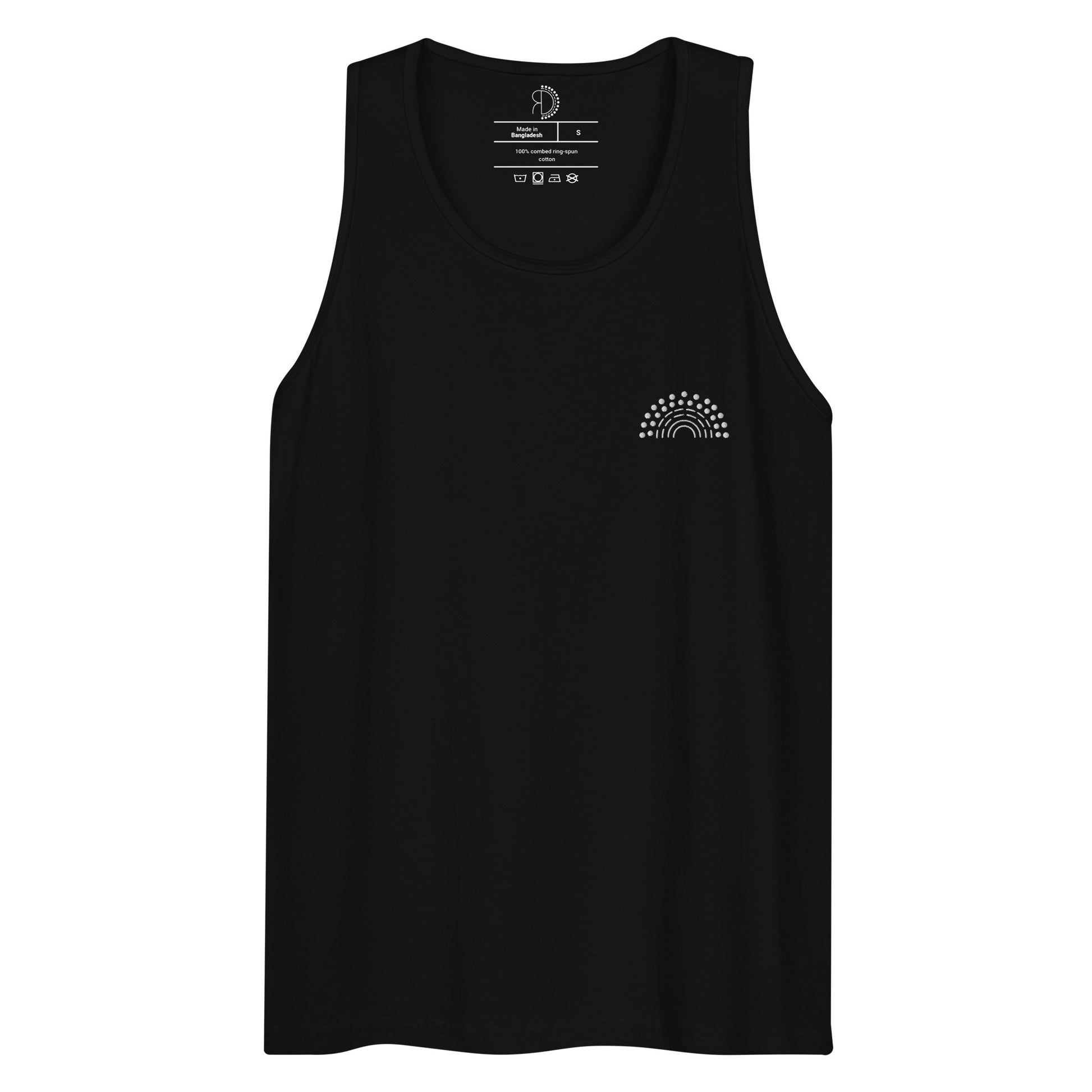 black athletic tank top with white pride rainbow embroidered on the left chest 