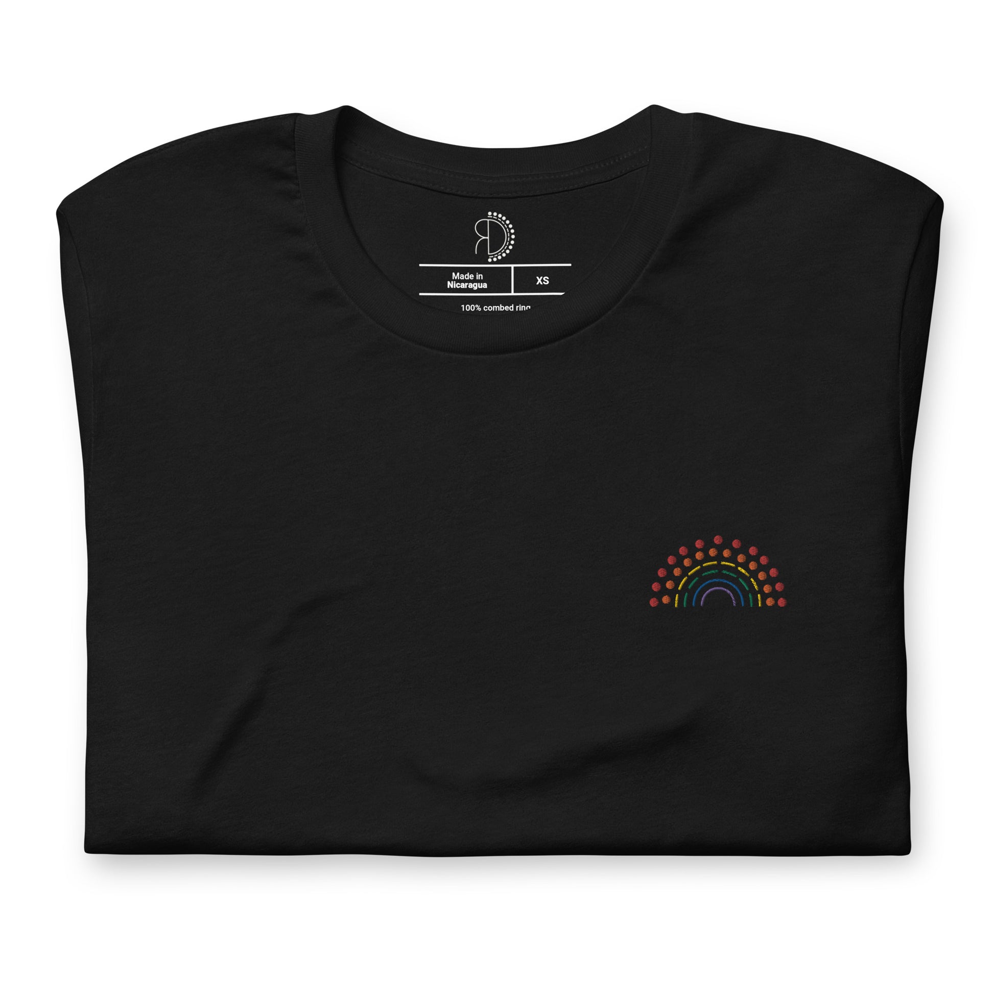 zoomed in image of black t-shirt featuring inside label with logo and product details