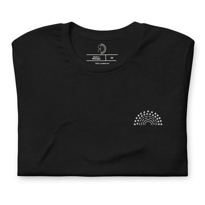 zoomed in image of black t-shirt featuring inside label with logo and product details