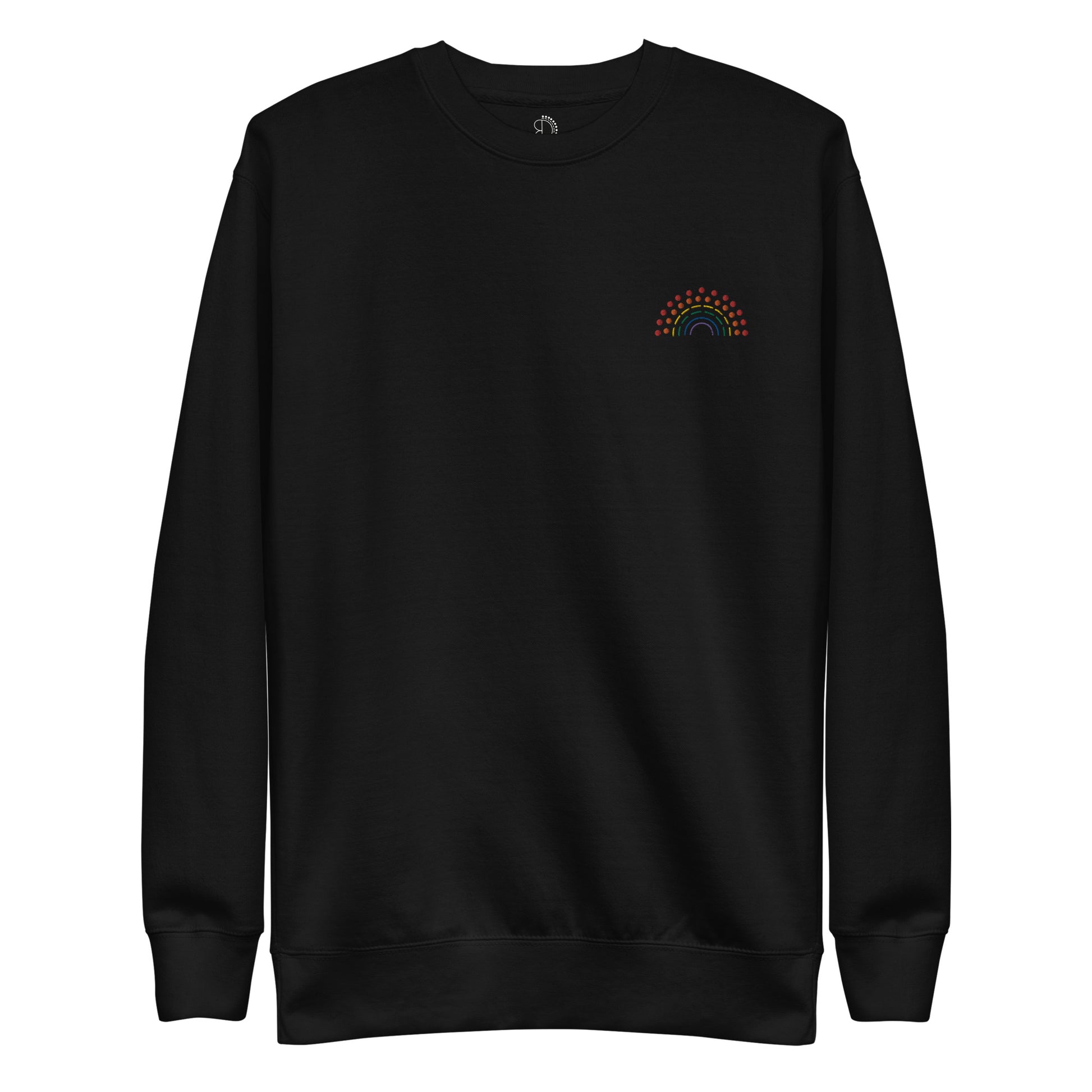 black crewneck sweatshirt with multicolored pride rainbow embroidered on the left chest