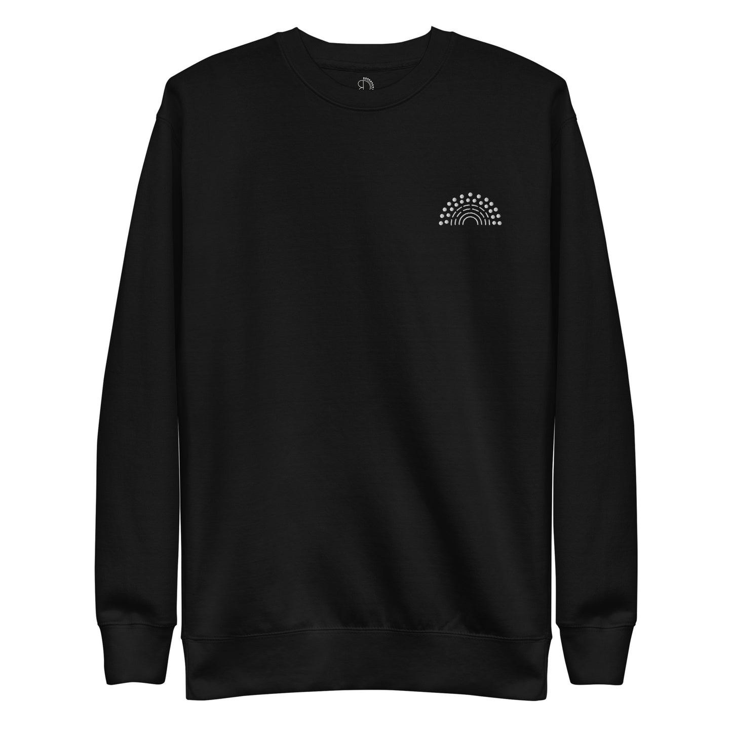 black crewneck sweatshirt with white pride rainbow embroidered on the left chest