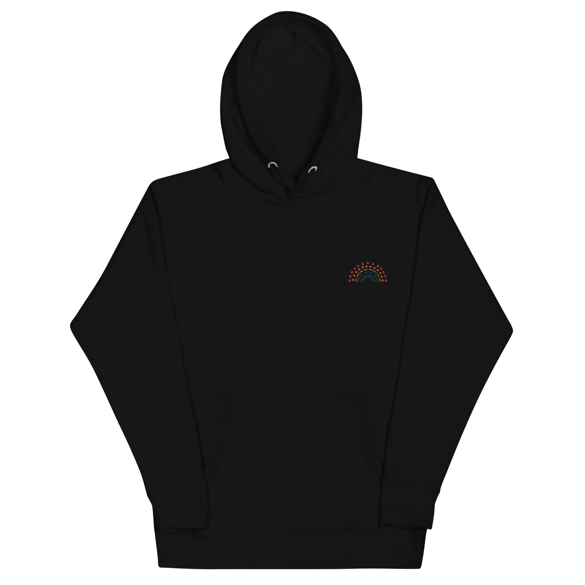 black hoodie sweatshirt with multicolored pride rainbow embroidered on the left chest