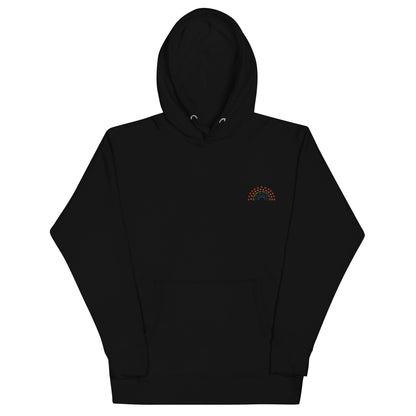 black hoodie sweatshirt with multicolored pride rainbow embroidered on the left chest