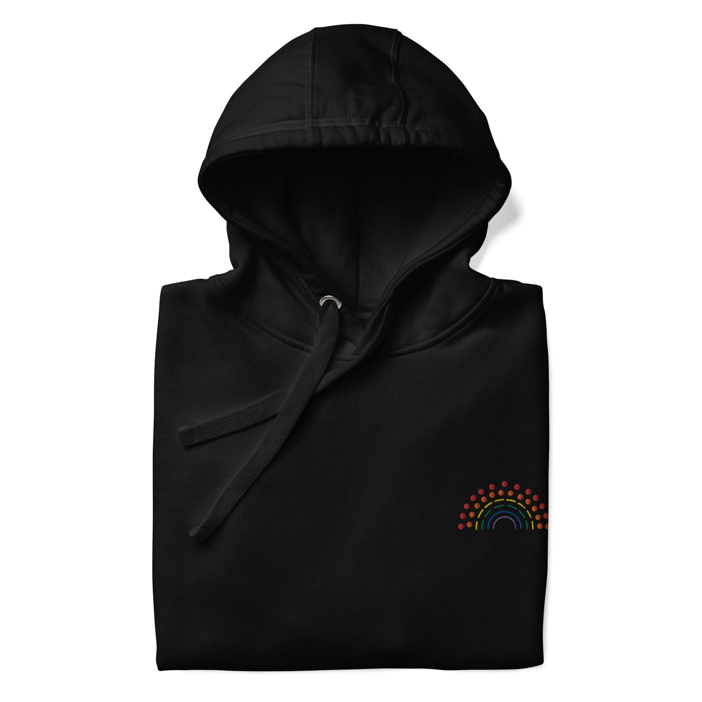 folded black hoodie sweatshirt with multicolored pride rainbow embroidered on the left chest