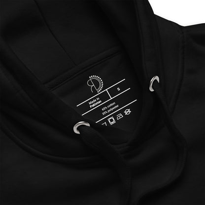 zoomed in image of black hoodie sweatshirt featuring inside label with logo and product details