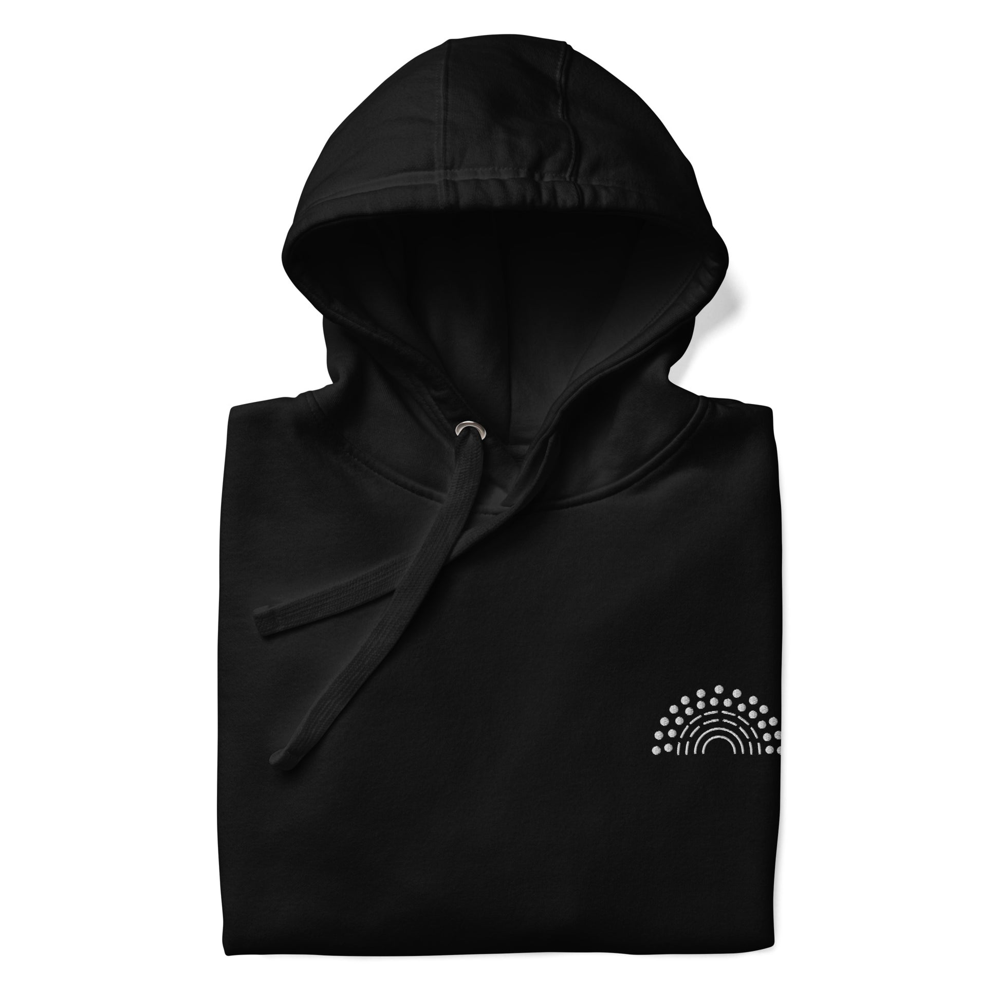 folded black hoodie sweatshirt with white pride rainbow embroidered on the left chest 