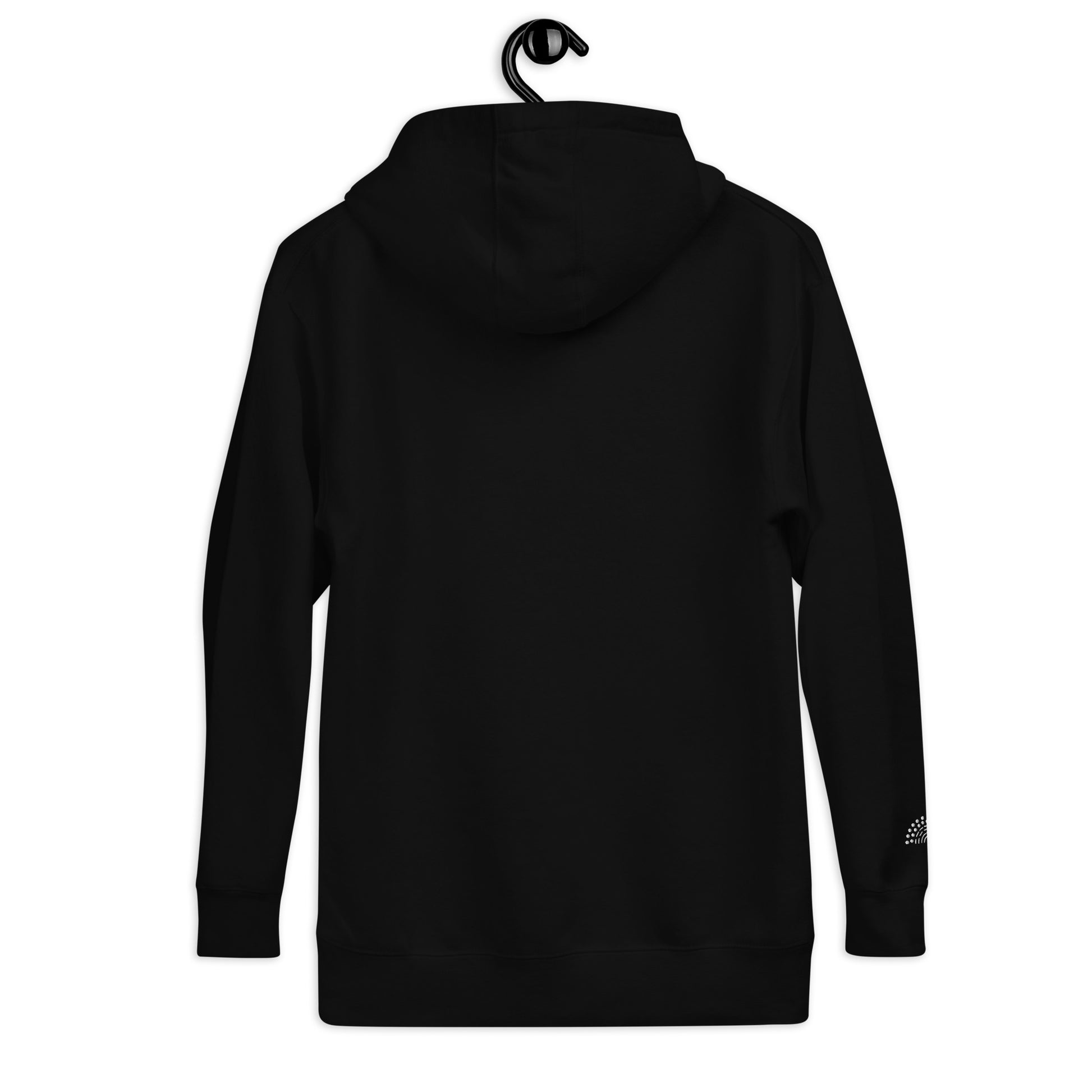 black hoodie sweatshirt with white pride rainbow embroidered on the right wrist