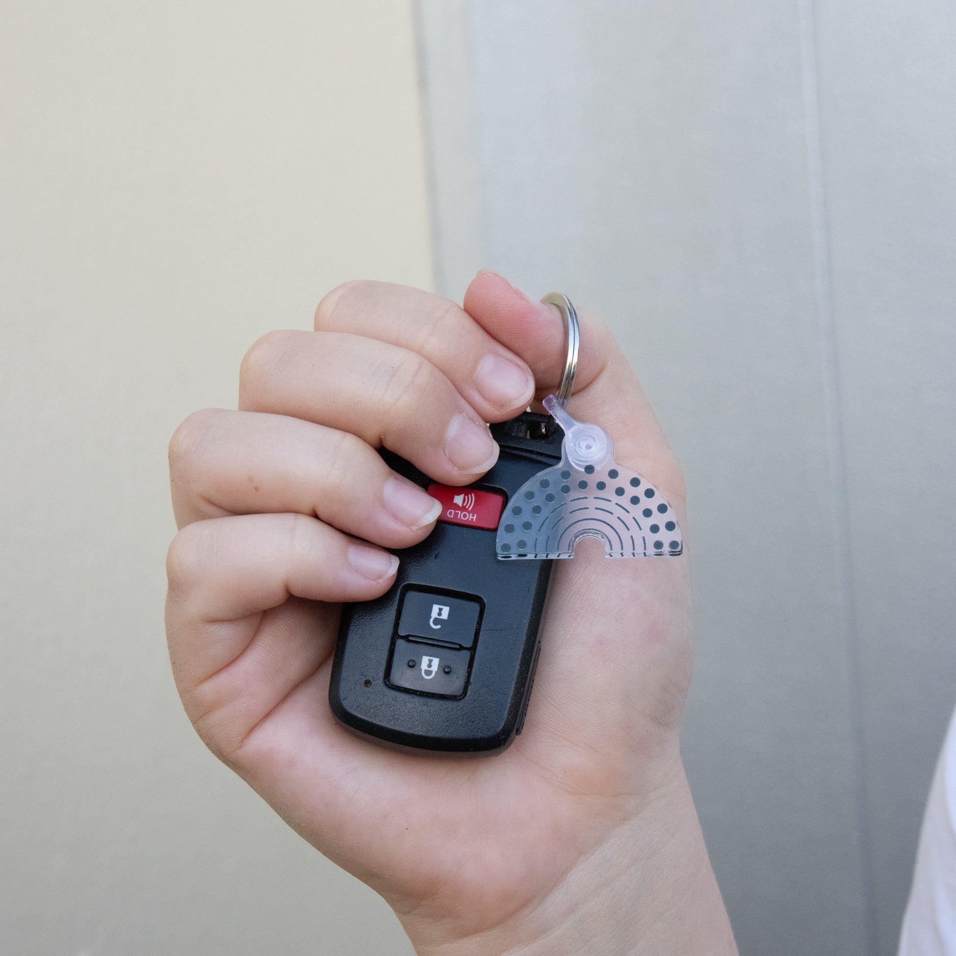 Zoomed in image of car keys and black and white pride keychain