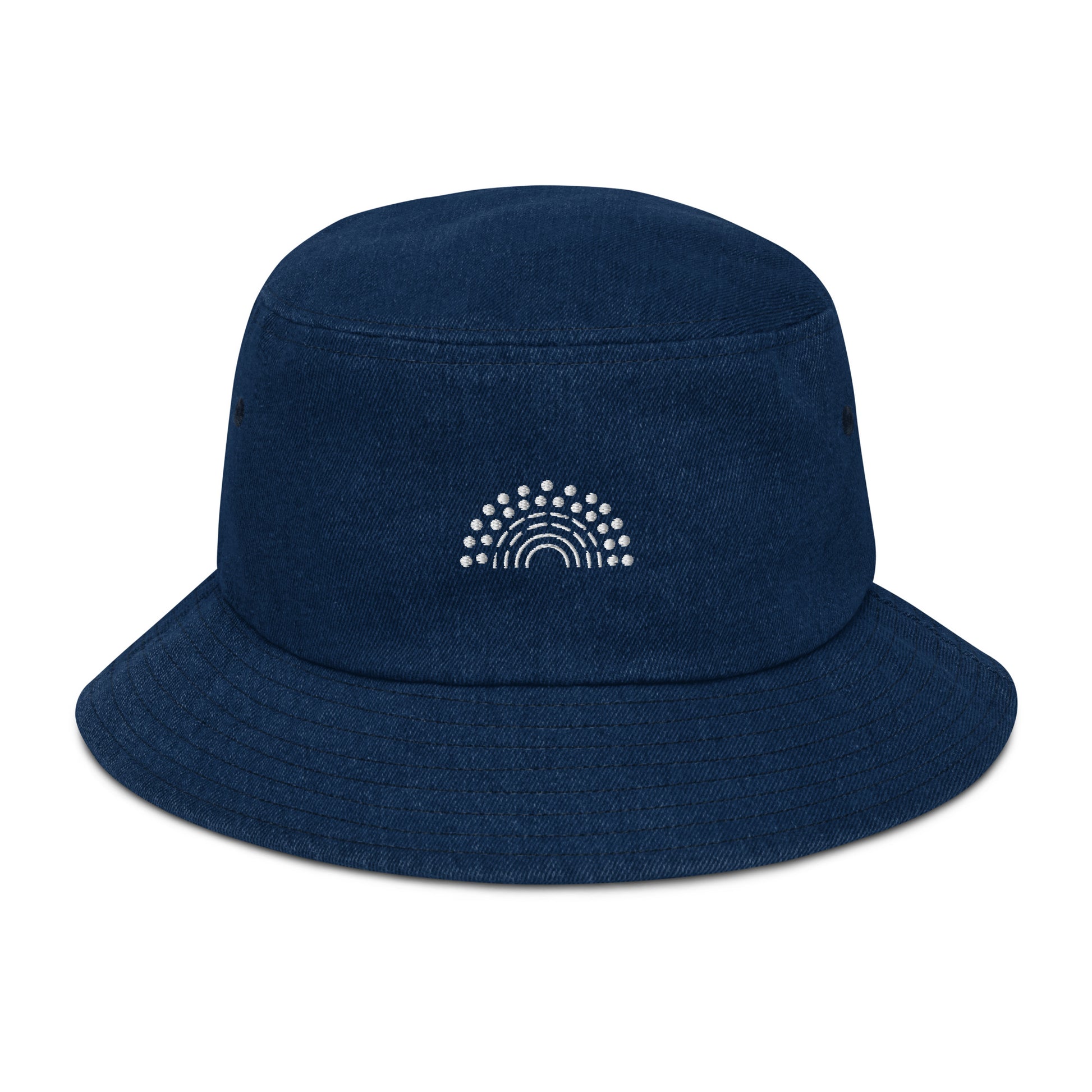 dark blue denim bucket hat with white pride rainbow embroidered on center of the hat