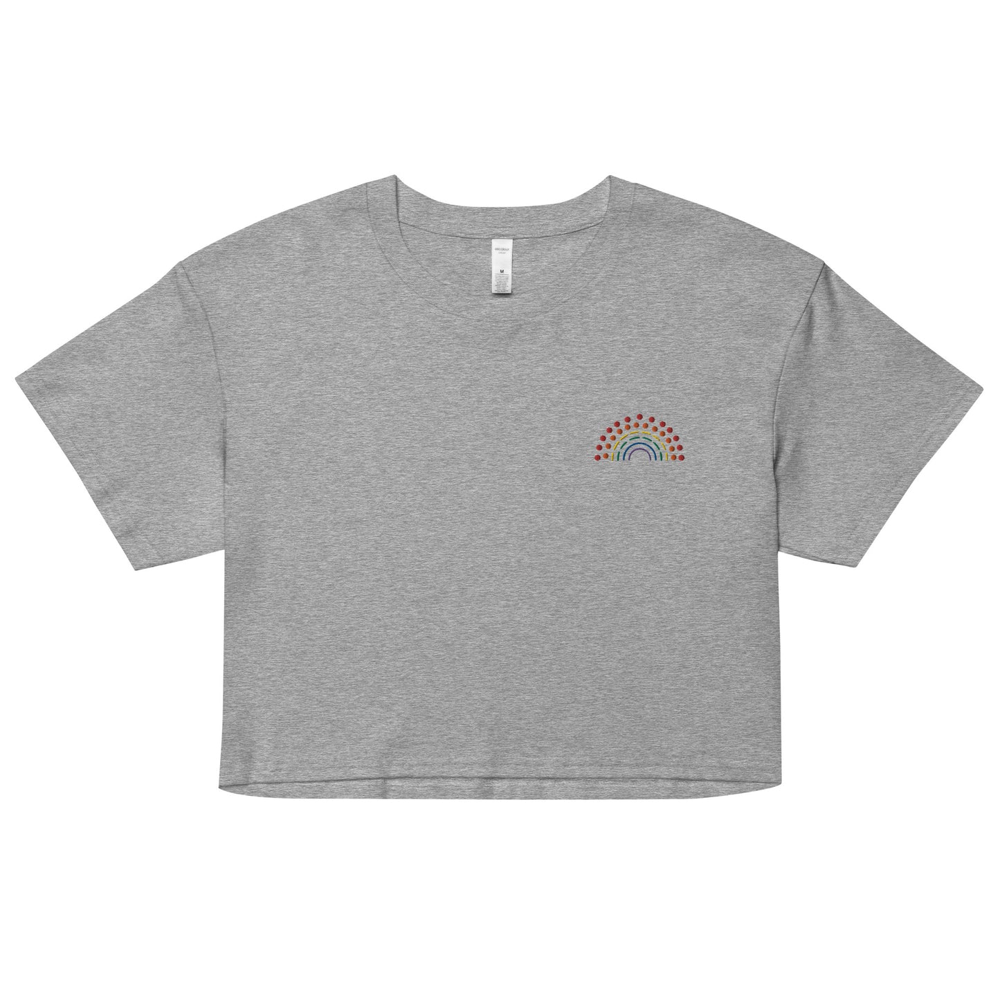 grey crop top with multicolored pride rainbow embroidered on the left chest 