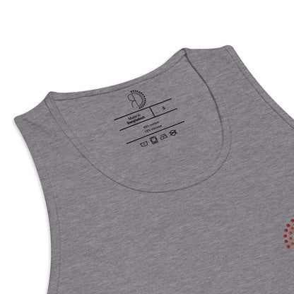 zoomed in image of grey athletic tank top featuring inside label with logo and product details