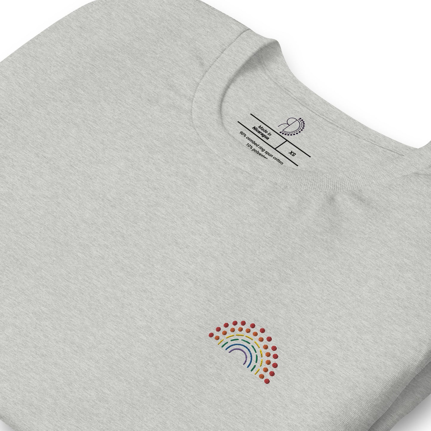 zoomed in image of grey t-shirt featuring inside label with logo and product details