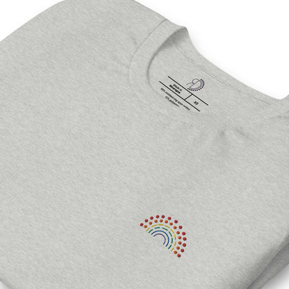 zoomed in image of grey t-shirt featuring inside label with logo and product details