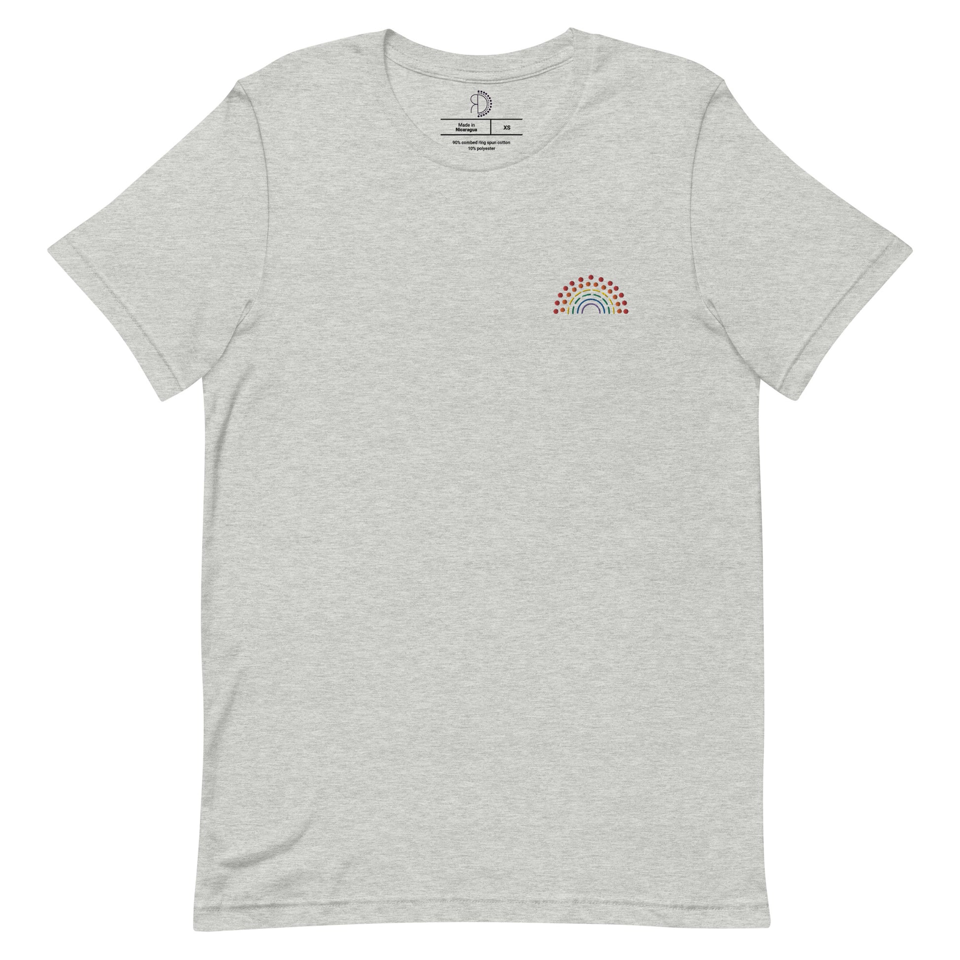 grey t-shirt with multicolored pride rainbow embroidered on the left chest 