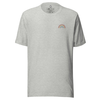 grey t-shirt with multicolored pride rainbow embroidered on the left chest 