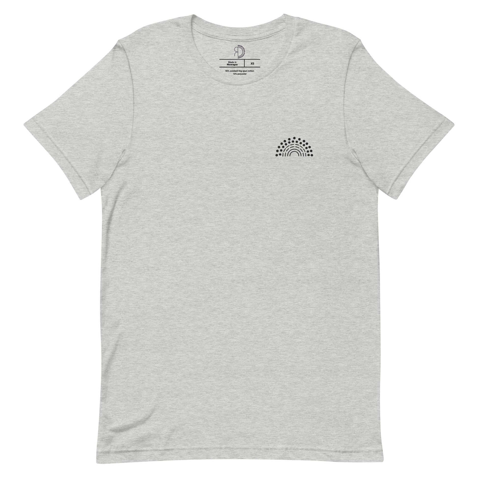 grey t-shirt with black pride rainbow embroidered on the left chest 